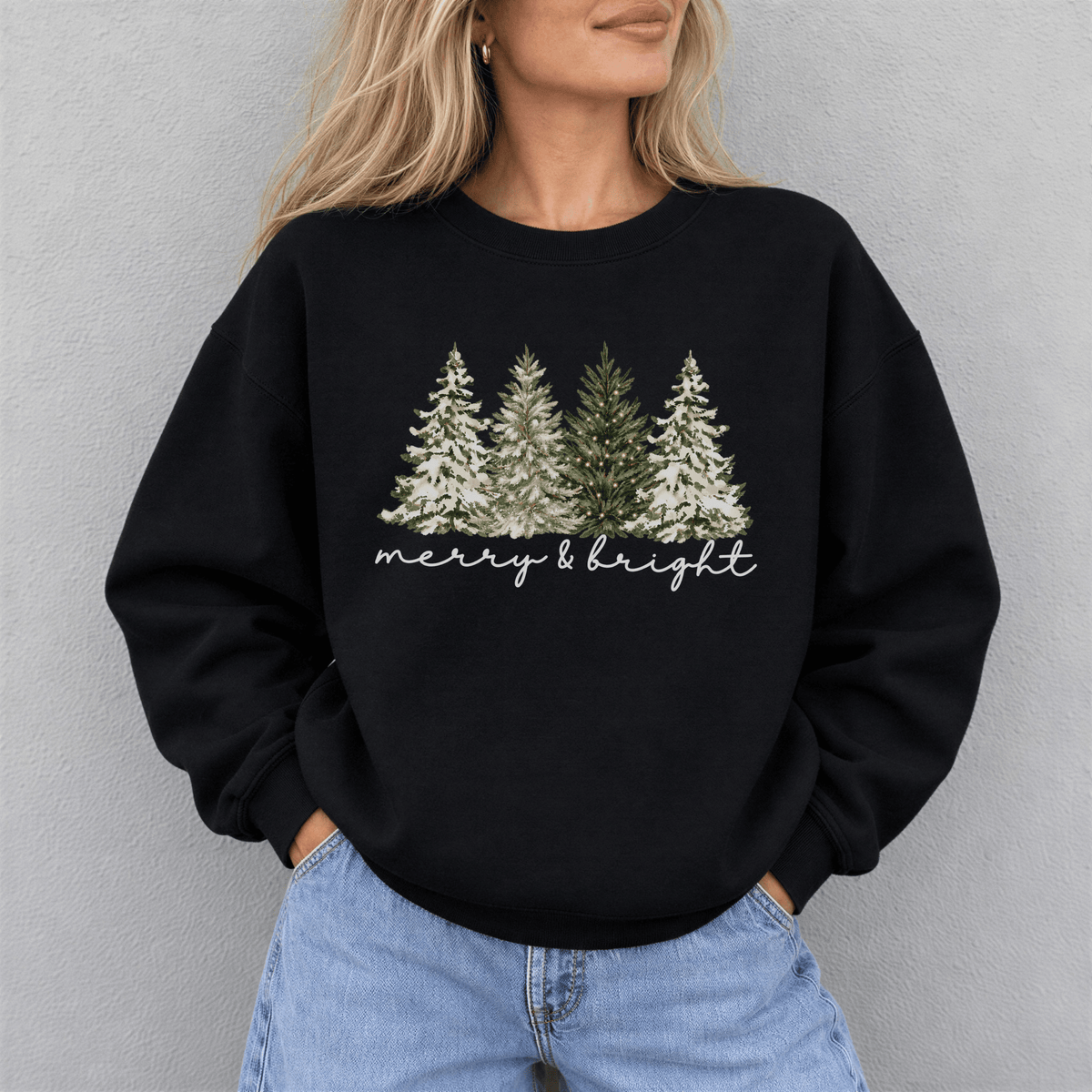 Product title Merry & Bright Watercolor Christmas Trees Sweatshirt