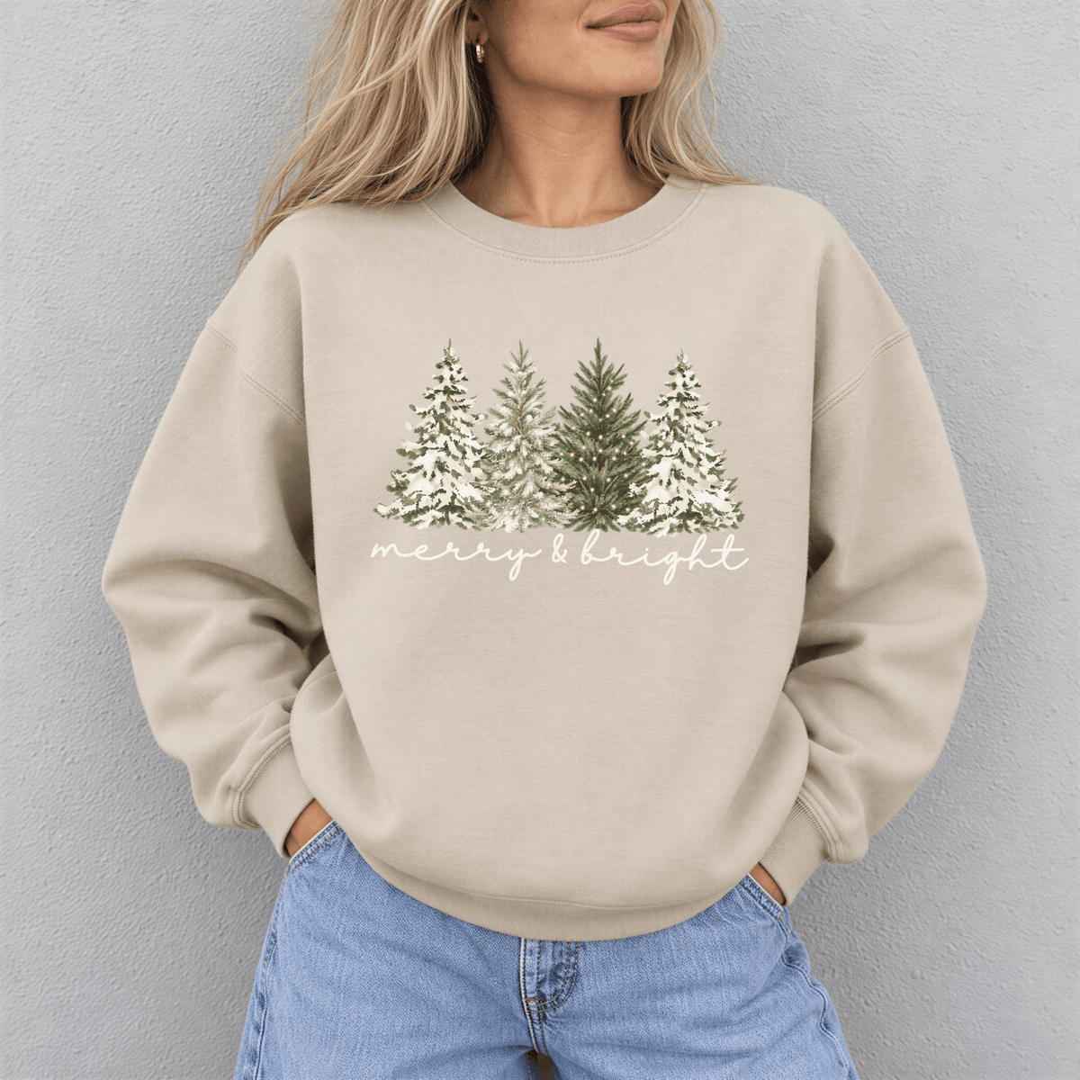 Product title Merry & Bright Watercolor Christmas Trees Sweatshirt
